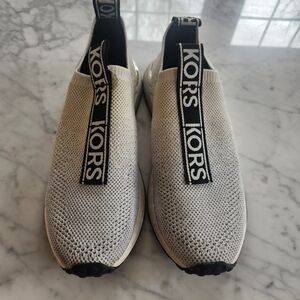 Michael Kors Grey Knit Slip-On Loafers with Black Logo Pull Tabs